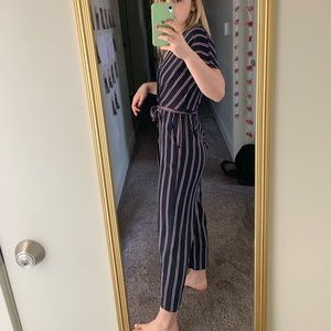 Striped Jumpsuit with Waist Tie